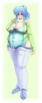  1girl akira_agata blue_eyes blue_hair breasts chubby fat glasses huge_breasts 