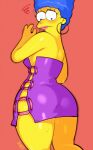  ass blue_hair bodycon_(dress) dress earrings lipstick makeup marge_simpson onaefruit sweat the_simpsons tight_dress yellow_skin 