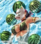 1girl alluring beach bikini cleavage kunimitsu kunimitsu_(tekken) kunoichi mature milf namco official_art swimming tekken tekken_2 tekken_tag_tournament water watermelon watermelon_print