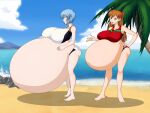  2_girls 2girls asuka_langley_souryuu beach blue_eyes blue_hair brown_hair female_only gigantic_breasts hyper_pregnancy neon_genesis_evangelion pregnant pregnant_belly pregnant_female purple_eyes rei_ayanami saburox swimsuit 