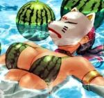  1girl alluring beach bikini cleavage kunimitsu kunimitsu_(tekken) kunoichi mature milf namco official_art swimming tekken tekken_1 tekken_2 tekken_tag_tournament tekken_tag_tournament_2 water watermelon watermelon_print 