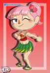 1girl animal_crossing blue_eyes clothing dancing digital_media_(artwork) female_only flip_flops flower grass_skirt jackintaro looking_at_viewer nintendo pink_hair ponytail skirt summer topwear villager_(animal_crossing) wink