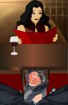 asami_sato footjob footjob_with_legwear ignoring menu pantyhose public public_sex restaurant spaceman6331 stealth_sex the_legend_of_korra under_table wine wine_glass