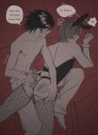 2boys alternate_costume anal animal_ears ass back bare_arms bare_back bare_shoulders barefoot black_bunny_ears black_hair black_leotard blush brown_hair bunny_ears bunnysuit carrot carrot_dildo clenched_hand closed_eyes collarbone couple crossdressing death_note dildo duo english_text fake_animal_ears fishnet_legwear fishnet_pantyhose fishnets food grin hand_up handcuffed handcuffs l_(death_note) l_lawliet legwear leotard light-skinned_male light_skin light_yagami looking_at_another lying male/male male_moaning male_only maledom malesub moaning moaning_in_pleasure monochrome multiple_boys neck nipples open_mouth pantyhose parted_lips playboy_bunny red_background sex_toy short_hair sitting smile speech_bubble strapless strapless_leotard talking text thanatelle thanatelle_(artist) topless topless_male yagami_light yaoi