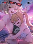 2_girls ai_generated bangs bare_shoulders battery_indicator beach big_breasts bikini black_bikini blonde_hair blush breasts burnice_white cleavage closed_eyes crossed_bangs drooling eyewear_on_head female_only frilled_bikini frills hair_between_eyes hair_ornament high_res hugging long_hair looking_at_viewer luciana_de_montefio medium_breasts mihoyo model_request multiple_females multiple_girls navel ocean open_mouth orange_eyes outside recording red_eyes saliva sky smile stomach sunglasses sunset swimsuit teeth twin_tails upper_body upper_teeth v viewfinder wet white_bikini yuneillusts yuri zenless_zone_zero