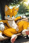 1boy 2_tails ai-generated arm_rest barefoot bench blue_eyes blush dutch_angle erection feet foreskin fox fox_boy front_view furry furry_male gloves half-closed_eyes high_res konoko45 legs light_rays looking_at_viewer male male_focus male_only male_solo miles_"tails"_prower multiple_tails navel nipples nude nude_male outside outstretched_arms park park_bench pawpads penis precum presenting presenting_feet public public_indecency public_nudity reclining sega self_upload sitting slight_smile smile smiling_at_viewer sonic_the_hedgehog_(series) spread_legs tail tails_the_fox testicle toes tree two-tone_body two-tone_fur white_fur yellow_fur
