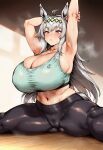  ai_generated armpits arms_up bare_thighs blue_eyes blush gigantic_breasts horse_ears horse_girl horse_tail huge_breasts huge_thighs light-skinned_female light_skin long_hair massive_breasts oguri_cap_(umamusume) pussy_visible_through_clothes silver_hair solo_female squatting stretching sweat sweatdrop tank_top thick_body thick_female thick_thighs thighs umamusume umamusume_pretty_derby voluptuous voluptuous_female yoga_pants 