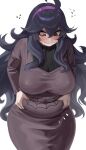 1girl @_@ absurd_res ahoge alternate_breast_size_(larger) belly black_hair blush breasts chubby chubby_female dress hair_between_eyes hairband hex_maniac_(pokemon) high_res huge_breasts long_hair messy_hair nia_(nia4294) nintendo pinching plump pokemon purple_eyes purple_hairband simple_background tight_clothes tight_dress weight_conscious white_background