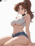  bishoujo_senshi_sailor_moon brown_hair crop_top denim_shorts female_focus green_eyes makoto_kino midriff navel opal_nemy ponytail shirt simple_background sitting tank_top toei_animation voluptuous_female wariza white_background younger_female 