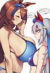  1girl 2_girls 2d ai_generated angry animal_ears annoyed asymmetrical_docking big_breasts big_breasts bikini blue_bikini blue_bow blue_eyes blue_hairband blush bow braid breast_conscious breast_envy breast_press breast_size_difference breasts brown_hair closed_eyes closed_mouth ear_bow english english_text female_only from_side grey_hair hair_between_eyes hairband hairbow headband height_difference horse_ears horse_girl huge_breasts long_hair looking_at_another looking_at_breasts multiple_girls red_headband sideboob simple_background size_difference sloppingslurpie small_breasts smile super_creek_(umamusume) swimsuit tamamo_cross_(umamusume) text thought_bubble umamusume umamusume_pretty_derby upper_body white_background 