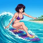  1girl adult_swim alluring beach bikini bishoujo_senshi_sailor_moon bishoujo_senshi_sailor_moon_r bishoujo_senshi_sailor_moon_s bishoujo_senshi_sailor_moon_supers black_hair blue_sky dario hotaru_tomoe ocean purple_eyes surfing toei_animation toonami viz_media 