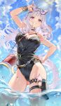 1girl absurd_res animal_ears bare_shoulders big_breasts black_one-piece_swimsuit bochibochi_(gyuuniku_6000) bracelet breasts cleavage dripping eyewear_on_head gold_ship_(umamusume) grey_hair grin hand_on_own_hip high_res horse_ears horse_girl jewelry long_hair looking_at_viewer one-piece_swimsuit outside purple_eyes smile sunglasses sunlight swimsuit thigh_strap thighs umamusume umamusume_pretty_derby wet