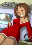  alternate_version_available big_breasts blush blushing_female bonnie_rockwaller breasts brown_hair coffee_mug coffee_pot disney disney_channel english_text exposed_breast green_eyes kim_possible kitchen leaning_against_counter looking_at_viewer microwave morning_after paper_towel_dispenser shirt_down shirt_only speech_bubble 