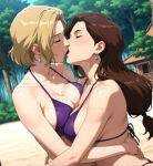 2_girls alternate_costume alternate_hairstyle bangs bare_arms bare_shoulders batman_(series) batman_vs_robin beach beach_house big_breasts bikini blonde_female blonde_hair blue_earrings blush breast_press breasts brown_hair bush bushes cleavage closed_eyes collarbone couple critadako day dc_comics dcamu duo dutch_angle earrings female/female female_only house hugging jewelry kissing light-skinned_female light_skin lips lipstick long_hair love low-tied_long_hair makeup midriff mole mole_under_eye multiple_girls mutual_yuri nature neck outside parted_bangs purple_bikini purple_lipstick purple_swimsuit romantic romantic_couple samantha_vanaver sand short_hair son_of_batman supervillainess swimsuit symmetrical_docking talia_al_ghul tree villainess yuri