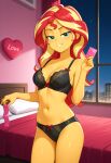 1girls ai_generated bed black_bra black_panties blonde_hair bra bra_and_panties breasts city_background cleavage condom_strip condoms equestria_girls female_only holding_condoms hotel_room long_hair love_hotel medium_breasts multicolored_hair night older older_female orange_skin panties red_hair seductive_eyes seductive_look seductive_smile smile solo_female sunset_shimmer turquoise_eyes young_adult young_adult_female young_adult_woman
