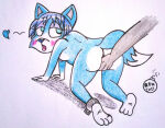 all_fours animal_nose anthro blue_eyes blue_fur blue_hair blush creative_signature erect_nipples fingering fox_ears fox_girl fox_tail furry furry_female hair_over_eye heart_symbol krystal_(star_fox) looking_at_partner looking_back looking_up open_mouth photo pleasure_face rdkdragon signature simple_background star_fox star_fox_adventures star_fox_assault tail traditional_media two_tone_fur white_background white_fur