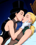 2_girls alternate_costume arm_at_side artemis_(dc) artemis_crock bare_arms bare_shoulders bed black_hair black_hat black_headwear black_leotard blonde_female blonde_hair breast_press breasts closed_eyes couple covered_nipples critadako dc_comics duo dutch_angle female/female female_only friends girl_on_top gloves green_leotard hat headwear heroine highleg highleg_leotard indoors kissing leotard light-skinned_female light_skin lips lipstick long_hair love lying lying_on_back lying_on_bed magician makeup medium_breasts multiple_girls mutual_yuri neck nipples on_back on_bed pillow pink_lipstick ponytail romantic romantic_couple see-through see-through_clothes see-through_leotard sleeveless sleeveless_leotard superheroine tied_hair top_hat turtleneck turtleneck_leotard white_gloves young_justice yuri zatanna zatanna_(young_justice) zatanna_zatara