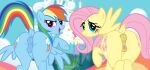 2_girls anus ass blush fluttershy friendship_is_magic green_eyes long_hair looking_at_viewer looking_back multicolored_hair my_little_pony pink_hair pussy rainbow_dash red_eyes smile tail