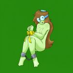 1girl 1girl adult alone blush blushed breasts browm_hair cartoon cartoon_network chains chains_on_the_ankles dendy dendy_(ok_k.o.!_let's_be_heroes) glasses green_skin hands_together headband kappa light_blue_headband long_hair no_bra no_clothes no_panties no_visible_genitalia ok_k.o.!_let's_be_heroes pond ribbons ribbons_on_the_wrists sit_down solo_female webbed_feet yellow_ribbon young young_woman