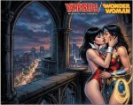 2_girls amazon balcony bangs bare_shoulders black_hair breasts building city cityscape closed_eyes cloud copyright_name couple crossover dc_comics diana_prince duo dynamite_comics earrings eyeshadow female/female female_only gold_jewelry grey_eyeshadow heroine hugging jewelry justice_league justice_league_(2017_film) kissetall kissetall_(artist) kissing lasso_of_truth lips lipstick long_hair love makeup medium_breasts monster_girl multiple_girls mutual_yuri neck night night_sky no parted_bangs red_lipstick revealing_clothes romantic romantic_couple silver_earrings silver_jewelry sky standing straight_hair strapless superhero_costume superheroine themysciran tiara vampire vampire_girl vampirella vampirella_(series) wonder_woman wonder_woman_(2017_film) wonder_woman_(series) yuri