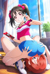 2_girls ai_generated ass_grab back_view bare_thighs big_ass black_hair blush booty_shorts facesitting fat_ass gigantic_ass hair_ribbon huge_thighs light-skinned_female light_skin long_hair looking_at_viewer love_live! love_live!_school_idol_project massive_ass nishikino_maki purple_eyes red_eyes red_hair small_breasts squatting sweat sweatdrop thick_body thick_female thick_thighs thighs twin_tails v voluptuous voluptuous_female yazawa_nico yuri