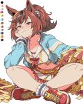1girl animal_ears breasts brown_hair closed_mouth holding holding_pom_poms horse_ears horse_girl indian_style looking_at_viewer medium_breasts midriff nice_nature_(umamusume) official_alternate_costume pom_pom_(cheerleading) pom_poms ponytail simple_background sitting smile toriga_naku umamusume umamusume_pretty_derby white_background
