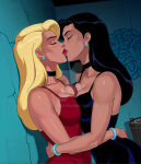 2_girls against_wall alternate_costume bare_arms bare_shoulders birds_of_prey black_canary black_choker black_dress black_hair blonde_female blonde_hair blue_bracelet bracelet breast_press breasts choker cleavage closed_eyes collarbone couple critadako dc_comics dinah_lance dress duo dutch_angle earrings female/female female_only friends green_arrow_(series) helena_bertinelli heroine hugging huntress_(dc) indoors jewelry justice_league justice_league_unlimited kissing light-skinned_female light_skin lips lipstick long_hair love makeup medium_breasts multiple_girls mutual_yuri neck painted_wall pearl pearl_earrings red_dress red_lipstick romantic romantic_couple shadow sleeveless sleeveless_dress straight_hair superheroine symmetrical_docking yuri