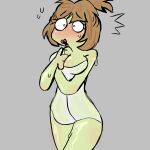 1female 1girl 1girl blush blush breasts breasts cartoon cartoon_milf confused confused_look frog frog_girl frog_humanoid gray_background lipstick original original_character towel towel_around_body towel_only