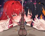 1boy 2_girls :>= akeno_himejima artist_request bisexual bisexual_(female) black_hair blue_eyes blush breasts censor_bar censored censored_penis cooperative_fellatio cum double_fellatio ejaculation erection fellatio fellatio_face fellatio_pov gigantic_breasts group group_sex heart high_school_dxd huge_breasts kiss_mark licking licking_penis light-skinned_female light_skin lips lipstick lipstick_mark lipstick_on_balls looking_at_viewer male_pubic_hair oral oral_sex peace_sign penis ponytail pov pubic_hair purple_eyes red_hair rias_gremory rias_x_akeno steam steamy_breath sweat sweatdrop sweating teamwork teamwork_(sexual) threesome tongue tongue_out v
