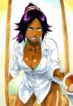 accurate_art_style ai_generated athletic_female bare_thighs bleach bra bra_visible_through_clothes dark-skinned_female dark_skin gigantic_breasts huge_breasts huge_thighs looking_at_viewer massive_breasts ponytail purple_hair shihouin_yoruichi shirt_only solo_female squatting sweat sweatdrop thick_body thick_female thick_thighs thighs voluptuous voluptuous_female yellow_eyes