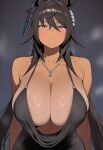  1girl ai_generated animal_ears big_breasts blush breasts brown-skinned_female brown_skin collarbone dark-skinned_female dark_skin dress horse_ears horse_girl huge_breasts jewelry long_hair looking_at_viewer steam steamy_breath sukit96926 sweat sweatdrop sweating symboli_kris_s_(umamusume) umamusume umamusume_pretty_derby 