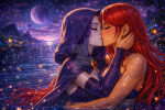 2_girls ai-bso alien_girl alternate_costume bangs bare_shoulders bikini blush breast_press breasts cleavage closed_eyes collarbone couple dc_comics demon_girl duo female/female female_only forehead_jewel friends grey_skin heroine hugging jewelry kissing koriand'r lips lipstick long_hair love makeup medium_breasts midriff multiple_girls mutual_yuri neck night night_sky older older_female outside parted_bangs purple_bikini purple_hair purple_swimsuit rachel_roth raven_(dc) red_hair revealing_clothes romantic romantic_couple short_hair sky star starfire starry_sky straight_hair superhero_costume superheroine swimsuit tamaranean teen_titans upper_body very_long_hair water wet wet_body wet_clothes wet_hair young_adult young_adult_female young_adult_woman yuri