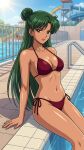  1girl adult_swim alluring big_breasts bikini bishoujo_senshi_sailor_moon bishoujo_senshi_sailor_moon_r bishoujo_senshi_sailor_moon_s bishoujo_senshi_sailor_moon_s_the_movie bishoujo_senshi_sailor_moon_supers bishoujo_senshi_sailor_moon_supers_the_movie black_and_green_hair blue_sky cleavage dario magenta_eyes pin_up setsuna_meiou swimming_pool toei_animation toonami viz_media water_park water_slide waterpark waterslide 