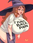  1girl big_breasts clothed dragon's_crown female profit solo sorceress_(dragon's_crown) t-shirt text witch_hat 