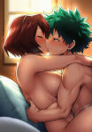 1boy 1girl age_difference ai_generated bare_thighs big_breasts blush boku_no_hero_academia brown_hair closed_eyes green_eyes green_hair huge_breasts huge_thighs implied_sex izuku_midoriya kissing light-skinned_female light-skinned_male light_skin mandalay massive_breasts mature_female muscular_male my_hero_academia nude nude_female nude_male older_woman_and_younger_boy pussy_juice short_hair squatting sweat sweatdrop thick_body thick_female thick_thighs thighs voluptuous voluptuous_female