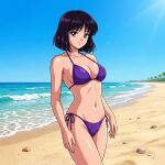  1girl adult_swim alluring beach bikini bishoujo_senshi_sailor_moon bishoujo_senshi_sailor_moon_r bishoujo_senshi_sailor_moon_s bishoujo_senshi_sailor_moon_supers black_hair blue_sky dario hotaru_tomoe ocean purple_eyes toei_animation toonami viz_media 