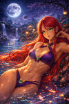 1girl ai-bso alien_girl alternate_costume bangs bare_shoulders bikini breasts cleavage closed_mouth collarbone dc_comics female_only female_solo full_moon green_eyes head_tilt heroine koriand'r lips lipstick long_hair looking_at_viewer makeup medium_breasts midriff moon naughty_face navel neck night night_sky older older_female outside parted_bangs purple_bikini purple_swimsuit red_hair revealing_clothes sky smile star starfire starry_sky straight_hair superhero_costume superheroine swimsuit tamaranean teen_titans very_long_hair water young_adult young_adult_female young_adult_woman