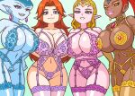  1girl 2d 2d_(artwork) 4girls alluring armlet big_breasts big_breasts blonde_hair blue_eyes blush bracelet breasts brown_hair child_bearing_hips cleavage color curvy earrings elf_ears female_focus female_only fit fit_female forehead_jewel gold_jewelry headgear jewelry light-skinned_female light_skin lingerie long_hair malon mossyfroot multiple_females multiple_girls muscular nabooru navel nintendo nipples_visible_through_clothing ocarina_of_time panties plump pointy_ears princess_ruto princess_zelda purple_earrings red_hair ring_(jewelry) short_hair smile stockings take_your_pick the_legend_of_zelda thick thick_thighs thighs toned toned_female triforce triforce_earrings wide_hips younger_female zelda_(ocarina_of_time) 