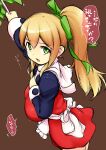 1girl android apron big_breasts black_sleeves blonde_hair brown_background capelet double-parted_bangs dress from_side green_eyes green_ribbon hair_between_eyes hair_over_shoulder hair_ribbon hand_on_own_chest hataki high_ponytail japanese_text joints katori_(mocchidou) knee_boots large_breasts long_hair long_sleeves looking_at_viewer loose_hair_strand mega_man_(series) open_mouth parted_lips petticoat ponytail pov red_dress ribbon robot_joints roll_(mega_man) roll_(rockman) sagging_breasts short_dress sidelocks simple_background talking talking_to_viewer teeth turtleneck upper_body white_capelet wide_hips wide_sleeves