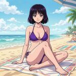 1girl adult_swim alluring beach bikini bishoujo_senshi_sailor_moon bishoujo_senshi_sailor_moon_r bishoujo_senshi_sailor_moon_s bishoujo_senshi_sailor_moon_supers black_hair blue_sky dario hotaru_tomoe ocean purple_eyes toei_animation toonami viz_media