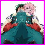  1boy 1girl ai_generated antennae black_eyes blush boku_no_hero_academia bulge bulge_through_clothing erection green_hair hero_outfit_(mha) izuku_midoriya light-skinned_male light_skin looking_down low-angle_view mina_ashido my_hero_academia naughty_face pink_body pink_hair pink_skin short_hair yellow_pupils 