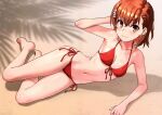  1girl :3 absurd_res arm_behind_head bare_hips bare_legs bare_shoulders barefoot beach bikini blush breasts brown_eyes brown_hair collarbone day flower front-tie_bikini_top front-tie_top full_body hair_flower hair_ornament halterneck high_res huge_filesize looking_at_viewer lying matching_hair/eyes misaka_mikoto navel non-web_source on_side outside posing raika9 red_bikini sand scan short_hair side-tie_bikini_bottom small_breasts smile stomach swimsuit teen teenage_girl to_aru_kagaku_no_railgun to_aru_majutsu_no_index toes young 