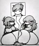 1boy 1femboy 1girl 2_girls ahoge big_ass black_hair boss_(thelittlenerdys) facesitting fat_ass femboy glasses grey_scales long_sleeves luna_(thelittlenerdys) male meme_reference monochrome motivee_(thelittlenerdys) nerd nerdy nerdy_female partially_clothed pencil_(artwork) rand0m_293 red_eyes scarf short_hair shortstack sitting_on_face sitting_on_person tomboy traditional_media traditional_media_(artwork) turtleneck twitter_user_sona wife_and_wife