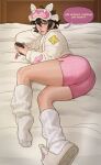 alternate_version_available asian asian_female ass bed bedsheet black_hair cellphone cellphone_charm earring headboard jubilation_lee jubilee jubilee_(marvel_rivals) looking_at_viewer marvel marvel_rivals on_bed one_eye_closed pajama_shorts pajamas sleep_mask slippers socks speech_bubble text x-men yellow_eyes
