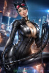  1girl arm_at_side ayyasap batman_(series) big_breasts black_bodysuit black_hair blurry blurry_background bodysuit breasts building cat_costume catwoman city cityscape cleavage dc_comics dutch_angle female_only female_solo goggles goggles_on_head green_eyes hand_up head_tilt holding holding_weapon holding_whip lips lipstick looking_at_viewer makeup naughty_face neck night night_sky open_bodysuit open_clothes open_mouth outside pink_lipstick red_goggles round_teeth selina_kyle short_hair skin_tight sky smile standing teeth upper_teeth upper_teeth_only weapon whip 