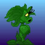 green_skin open_mouth peablaze_(pvz) peashooter_(pvz) pixel_art plant_girl plants_vs_zombies presenting_breasts solo_female yellow_eyes