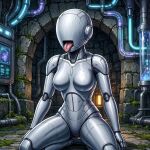  1girl ai_generated bodysuit exoskeleton faceless_character faceless_female helmet kneel metallic_body robot_girl tongue_out 