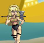 aged_up axe black_panties blonde_hair bodysuit disguise disney gun_holster kendall_perkins kick_buttowski:_suburban_daredevil lipstick panties skinsuit striped_tank_top tank_top