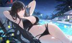 1girl ai_generated armpits arms_behind_head ass bikini black_hair blue_archive breasts curvy curvy_female curvy_figure halo huge_breasts light-skinned_female light_skin long_hair looking_at_viewer navel night night_sky pool red_eyes rio_(blue_archive) rio_tsukatsuki_(blue_archive) smile sora_aiillu swimsuit thick_thighs thighs