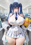  1girl ai_generated blue_archive blue_eyes blue_hair blush breasts clothed clothed_female embarrassed gigantic_breasts halo hips huge_breasts light-skinned_female light_skin long_hair looking_at_viewer looking_away natsue99 saori_(blue_archive) sweat sweatdrop sweating thick_thighs thighs wide_hips 